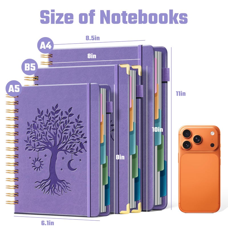 Ovesmusl Hardcover Spiral Notebook 8" x 10" with 5 Removable Dividers 300 Pages Leather 5 Subject Notebook College Ruled 100GSM Large Spiral Notebooks for Work Thick Lined Journal for Women, Purple - Image 2