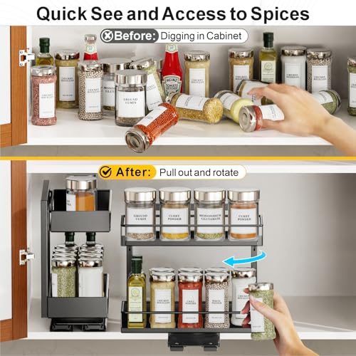 iSPECLE Spice Rack Organizer for Cabinet - 2 Pack Rotate Pull Out Spice Racks for Easy Access, Adjust Height to Fit 4 oz to 8 oz Spice Jars, Peel and Stick, 10.2" D for Small Kitchen Cabinet - Image 3
