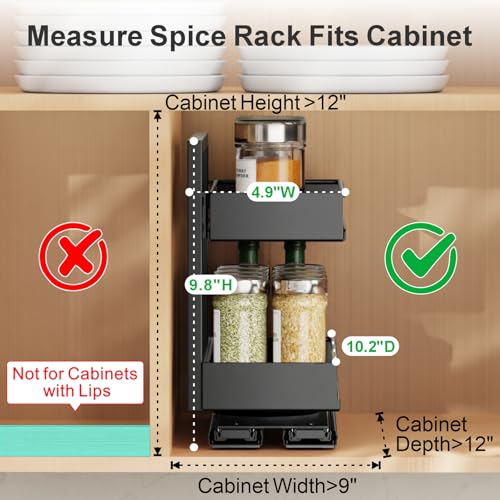 iSPECLE Spice Rack Organizer for Cabinet - 2 Pack Rotate Pull Out Spice Racks for Easy Access, Adjust Height to Fit 4 oz to 8 oz Spice Jars, Peel and Stick, 10.2" D for Small Kitchen Cabinet - Image 2