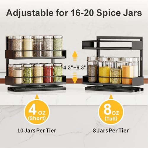 iSPECLE Spice Rack Organizer for Cabinet - 2 Pack Rotate Pull Out Spice Racks for Easy Access, Adjust Height to Fit 4 oz to 8 oz Spice Jars, Peel and Stick, 10.2" D for Small Kitchen Cabinet - Image 5