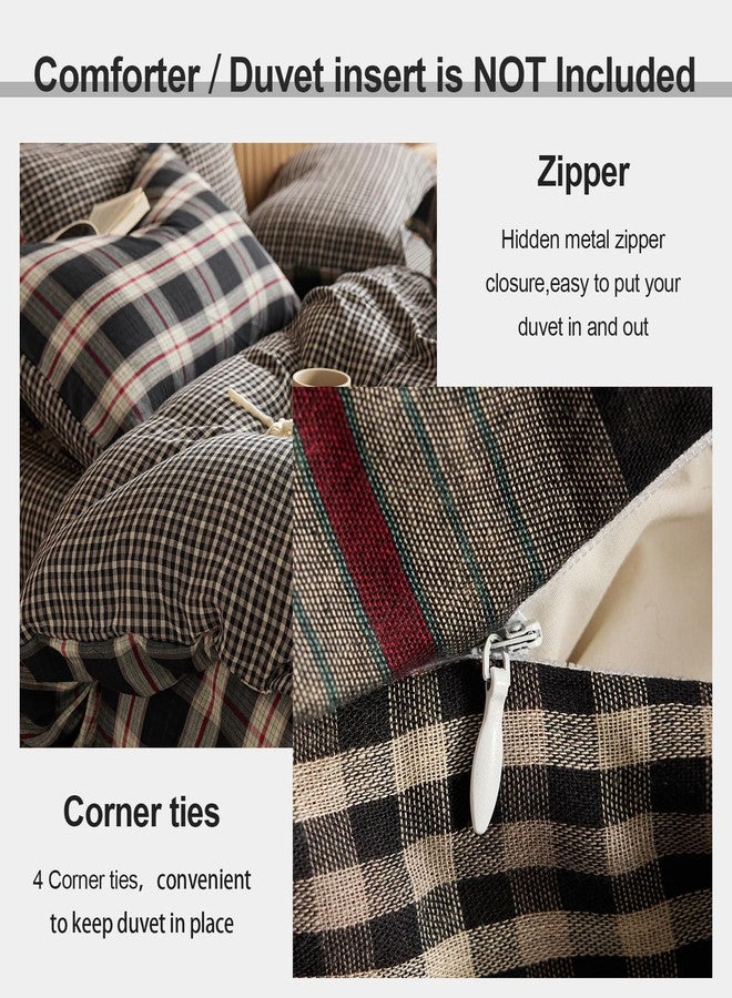 EAVD Vintage Style Black Plaid Duvet Cover Full 100% Muslin Cotton Retro Red Green Black Grid Checkered Plaid Bedding Set with 2 Pillowcases Reversible Gingham Duvet Cover with Zipper - Image 5