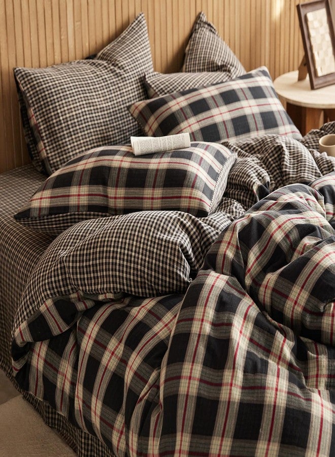EAVD Vintage Style Black Plaid Duvet Cover Full 100% Muslin Cotton Retro Red Green Black Grid Checkered Plaid Bedding Set with 2 Pillowcases Reversible Gingham Duvet Cover with Zipper - Image 3
