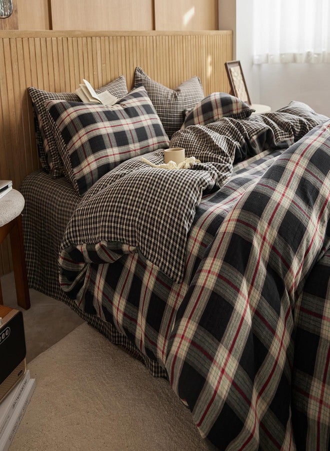 EAVD Vintage Style Black Plaid Duvet Cover Full 100% Muslin Cotton Retro Red Green Black Grid Checkered Plaid Bedding Set with 2 Pillowcases Reversible Gingham Duvet Cover with Zipper - Image 2