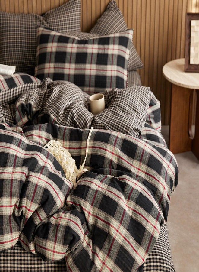 EAVD Vintage Style Black Plaid Duvet Cover Full 100% Muslin Cotton Retro Red Green Black Grid Checkered Plaid Bedding Set with 2 Pillowcases Reversible Gingham Duvet Cover with Zipper - Image 1