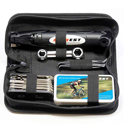 Kitbest Bike Repair Tool, Portable Bicycle Repair Bag with Tire Pump, Bike Tool Kit for Camping Travel, 16-in-1 Bike Multitool, Patches, Inflator, Maintenance Essentials All in One Safety Kit - Image 1