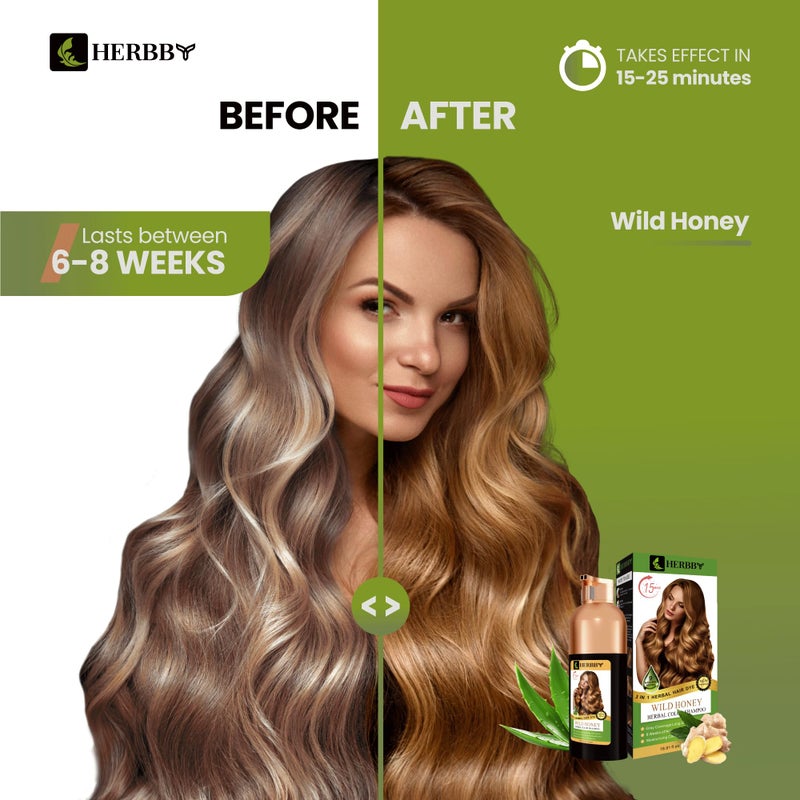 HERBBY Hair Color Shampoo for Gray Hair Coverage&Color Transform with 9 Herbal Extracts â€“Long Lasting(6-8 Weeks),Shiny,Evenly Colored,Instant Hair Dye Shampoo&Conditioner, 500 Ml (WILD HONEY COLOR) - Image 2
