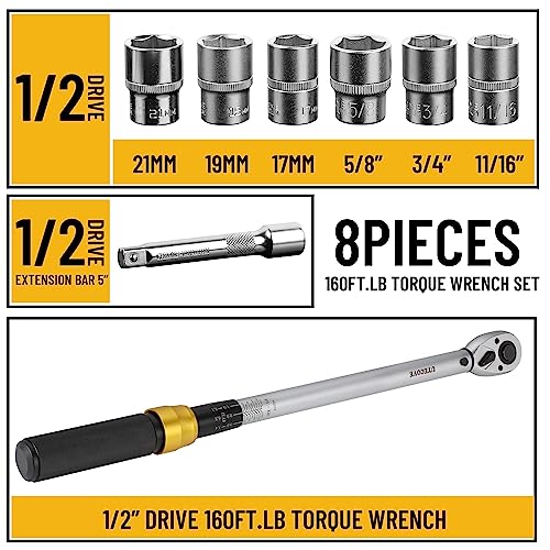 UYECOVE 1/2-Inch Drive Click Torque Wrench Set, 10-160 FT-LB/13.6-217Nm Torque Wrench 1/2 Drive, 1/2 Torque Wrench Kit with Extension Bar & Socket Set- 8 PCS - Image 3