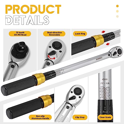 UYECOVE 1/2-Inch Drive Click Torque Wrench Set, 10-160 FT-LB/13.6-217Nm Torque Wrench 1/2 Drive, 1/2 Torque Wrench Kit with Extension Bar & Socket Set- 8 PCS - Image 2