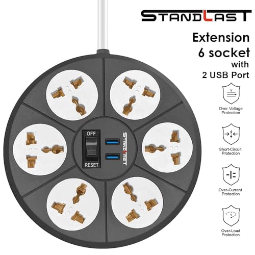 STANDLAST 6-Socket Extension Board with 2 USB (2.4A) | 1.8 Meter Surge Protector & 10A Spike Guard | Heavy Duty Extension Cord | Universal Socket Power Strip for Home,Office,TV, PC & Appliances - Grey - Image 2