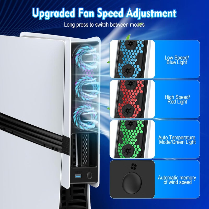 مروحة تبريد RGB لجهازي PS5 Slim وPS5 Pro – 3 أوضاع (سرعة منخفضة/عالية/أوتوماتيكية)، مروحات توربو مزدوجة مع أضواء LED ملونة، منفذ USB 3.0 متوافق مع جهازي PlayStation 5 Slim وPro (غير مخصصة لجهاز PS5). - Image 3