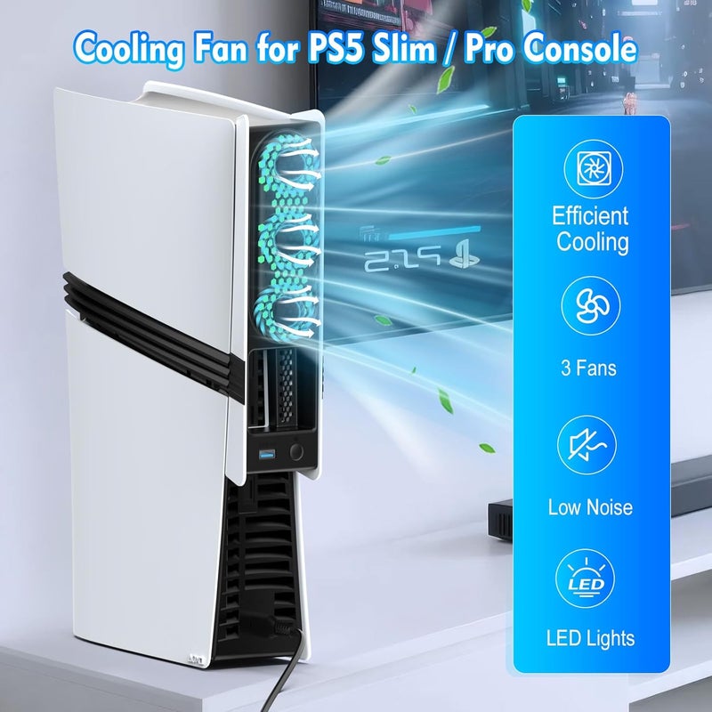 مروحة تبريد RGB لجهازي PS5 Slim وPS5 Pro – 3 أوضاع (سرعة منخفضة/عالية/أوتوماتيكية)، مروحات توربو مزدوجة مع أضواء LED ملونة، منفذ USB 3.0 متوافق مع جهازي PlayStation 5 Slim وPro (غير مخصصة لجهاز PS5). - Image 2