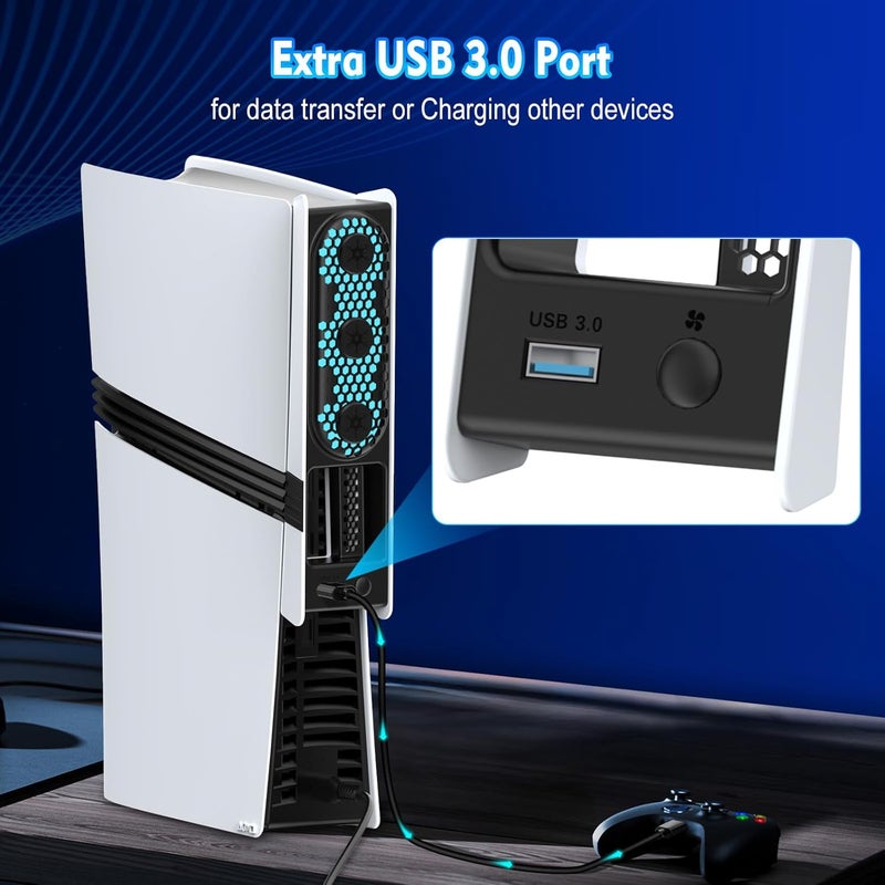 مروحة تبريد RGB لجهازي PS5 Slim وPS5 Pro – 3 أوضاع (سرعة منخفضة/عالية/أوتوماتيكية)، مروحات توربو مزدوجة مع أضواء LED ملونة، منفذ USB 3.0 متوافق مع جهازي PlayStation 5 Slim وPro (غير مخصصة لجهاز PS5). - Image 5