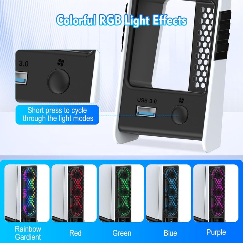 مروحة تبريد RGB لجهازي PS5 Slim وPS5 Pro – 3 أوضاع (سرعة منخفضة/عالية/أوتوماتيكية)، مروحات توربو مزدوجة مع أضواء LED ملونة، منفذ USB 3.0 متوافق مع جهازي PlayStation 5 Slim وPro (غير مخصصة لجهاز PS5). - Image 4
