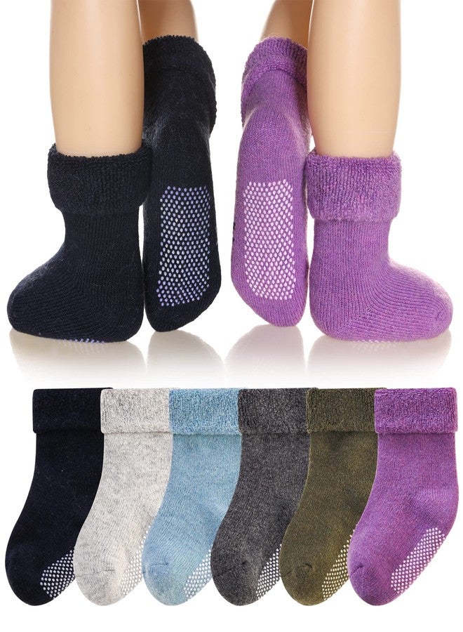 Eyean Baby Wool Grip Sock Soft Winter Warm Thick Non Slip Toddler Boy Girls Crew Socks For Children 6 Pairs (Solid Color-C, 1-3 Years) - Image 1