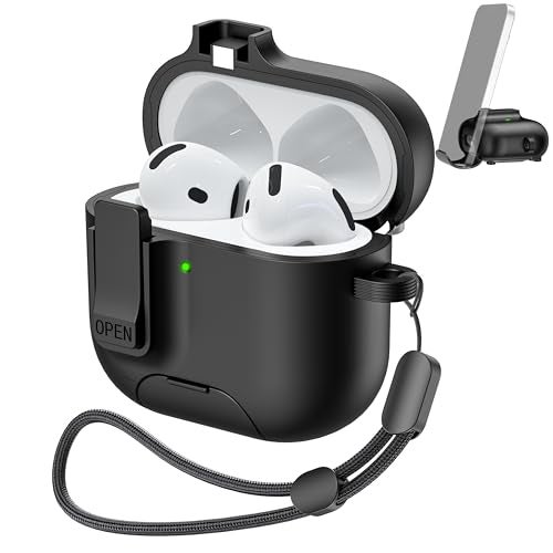MHYALUDO AirPods 4 Case with Free Cleaning Kit Shockproof Cover, Anti-Slip Adjustable Kickstand, Anti-Fingerprint Coating & Precision, Full Drop Protection Cover with Lanyard, Black - Image 1
