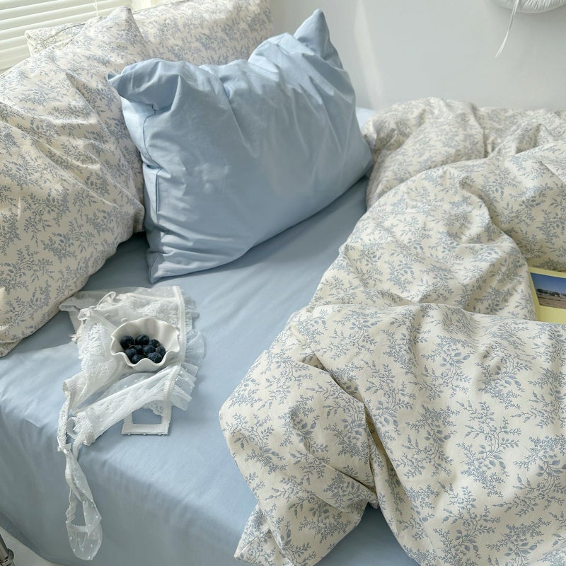 mixinni Blue Floral Duvet Cover Twin Size - 100% Cotton Soft Boho Comforter Cover with Zipper Closure 4 Ties, 3-Piece Vintage Aesthetic Botanical Bedding Set with 2 Pillowcases, All Season Bed Set - Image 4