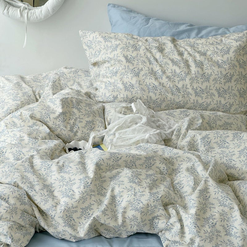 mixinni Blue Floral Duvet Cover Twin Size - 100% Cotton Soft Boho Comforter Cover with Zipper Closure 4 Ties, 3-Piece Vintage Aesthetic Botanical Bedding Set with 2 Pillowcases, All Season Bed Set - Image 5