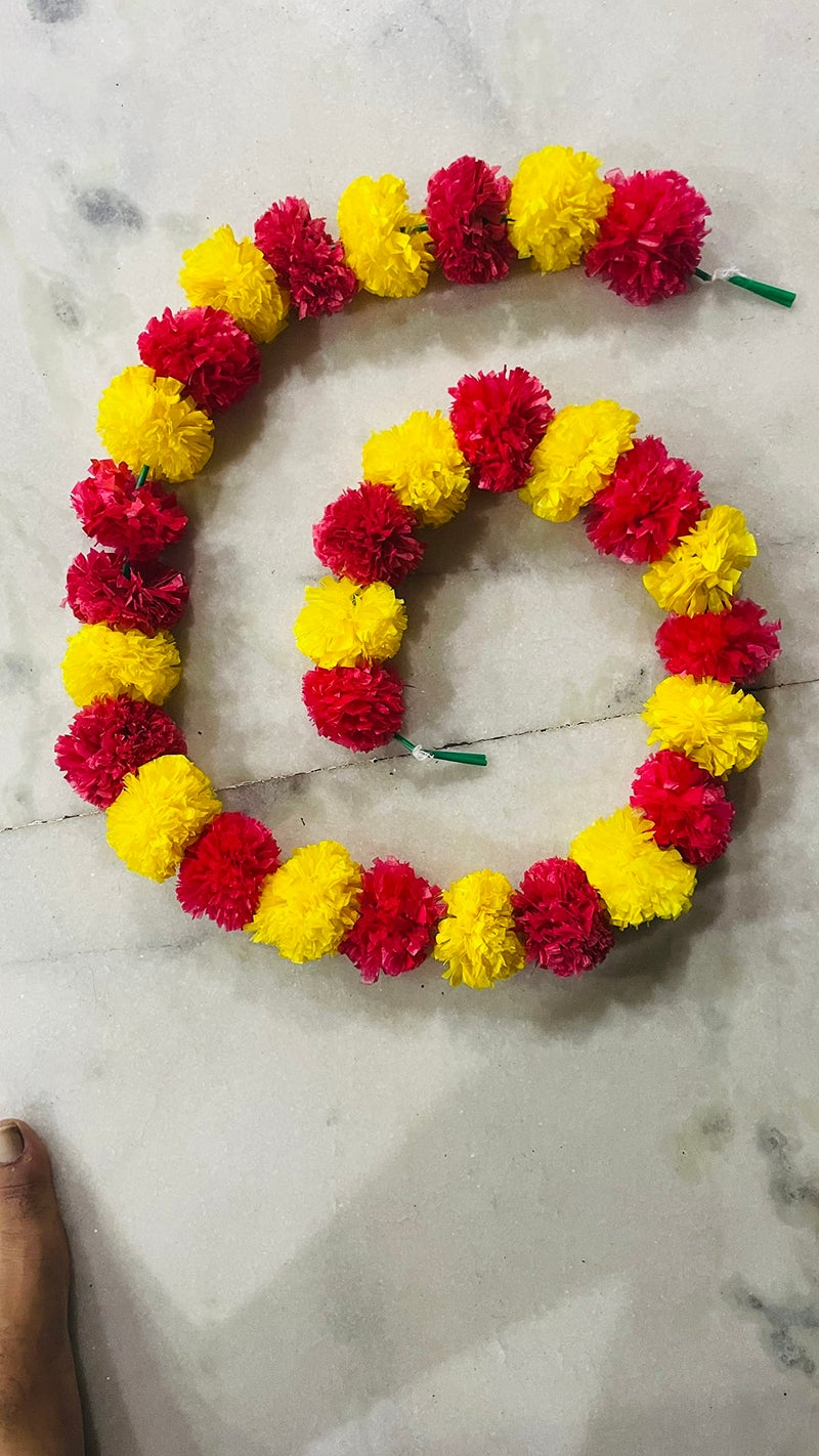 Abhaas Artificial Marigold Fluffy Flowers for Decoration Garlands for Decoration Pooja Room Toran Indian Genda Phool for Wedding Festivals Diwali Pongal /4.7 Feet/Set of 10 Mala (Yellow-Red), 6 CM - Image 4
