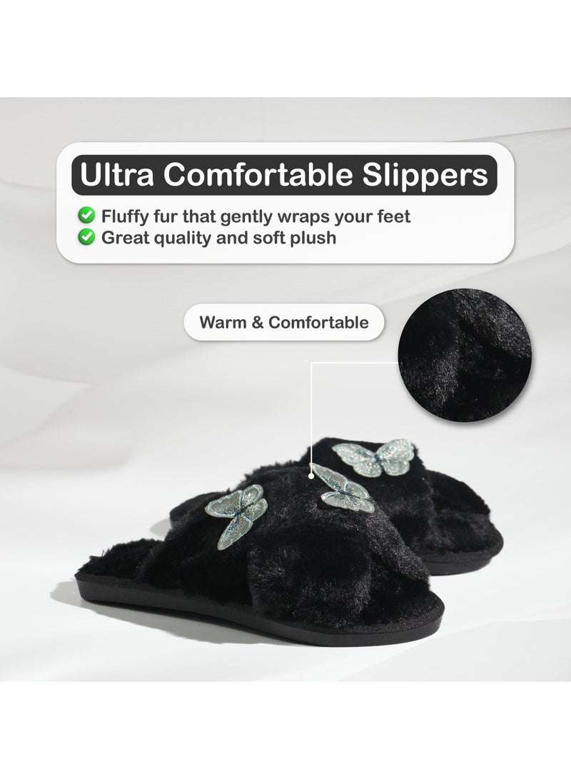 Monami Monami Women’s Faux Fur House Slippers – Soft Memory Foam Indoor Slides with Butterfly Design, Non-Slip Sole & Open Toe – Fluffy Vegan Bedroom Sandals for Comfort, Travel, Lounge & Daily Home Wear  - Image 2