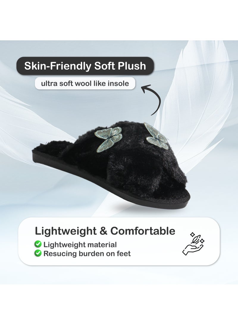Monami Monami Women’s Faux Fur House Slippers – Soft Memory Foam Indoor Slides with Butterfly Design, Non-Slip Sole & Open Toe – Fluffy Vegan Bedroom Sandals for Comfort, Travel, Lounge & Daily Home Wear  - Image 5