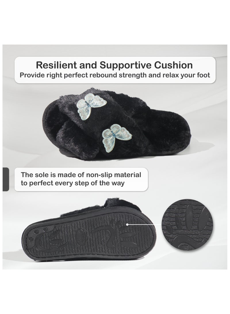 Monami Monami Women’s Faux Fur House Slippers – Soft Memory Foam Indoor Slides with Butterfly Design, Non-Slip Sole & Open Toe – Fluffy Vegan Bedroom Sandals for Comfort, Travel, Lounge & Daily Home Wear  - Image 3