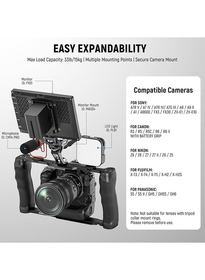 Neewer NEEWER Universal Camera Cage & Top Handle with 3/8" ARRI Locating Pins Kit, Video Rig Camera Stabilizer with Arca Type Base, Dual Handgrips, Compatible with SmallRig Accessories, CA016T  - Image 4