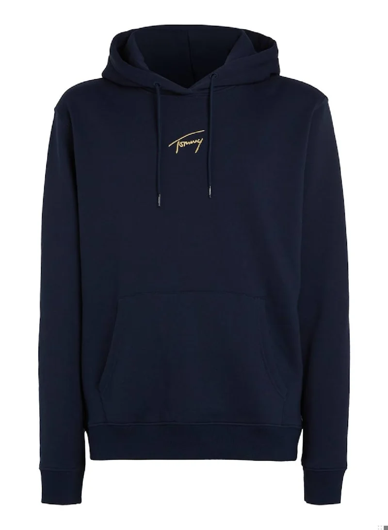 TOMMY JEANS Men's Gold Signature Logo Hoody, Blue - Cotton
