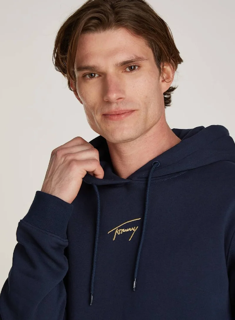 TOMMY JEANS Men's Gold Signature Logo Hoody, Blue - Cotton