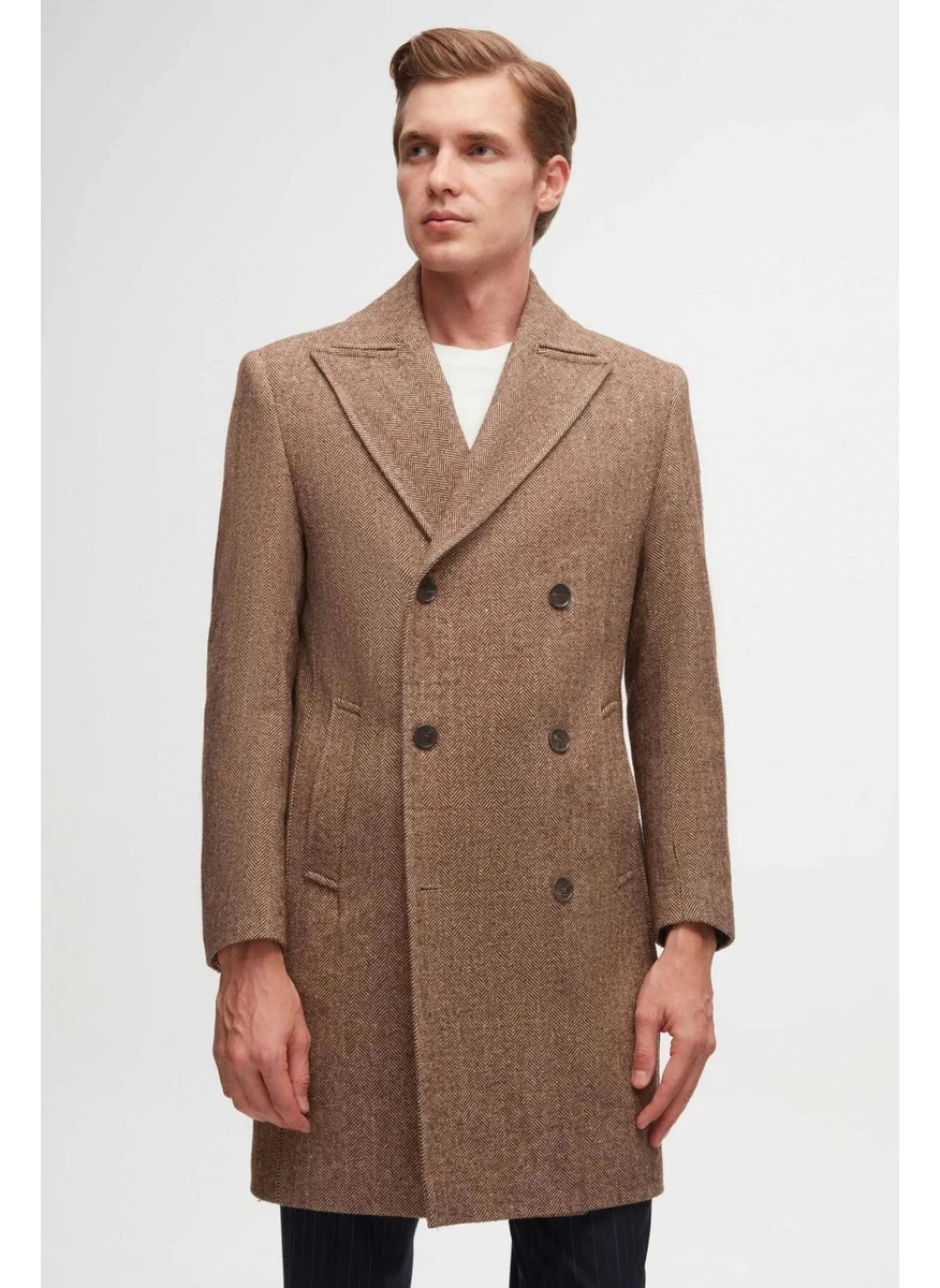 D'S DAMAT Regular Fit Brown Herringbone Double Breasted Coat