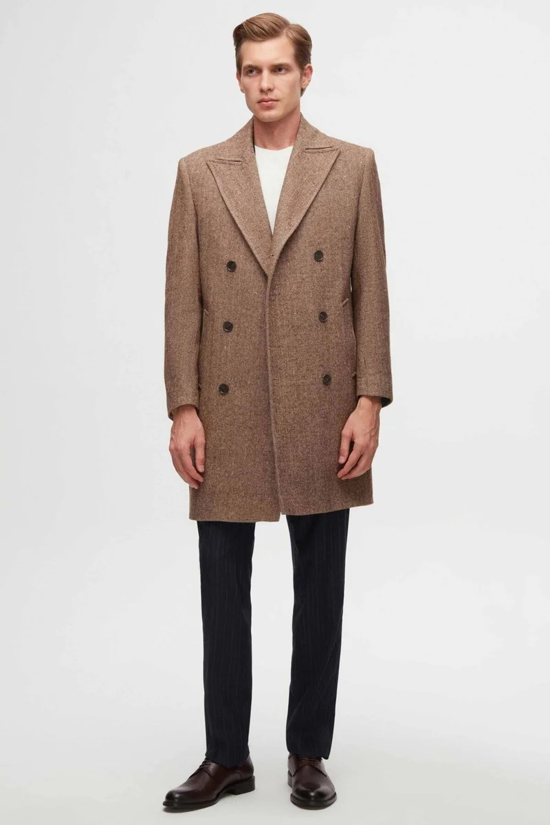 D'S DAMAT Regular Fit Brown Herringbone Double Breasted Coat