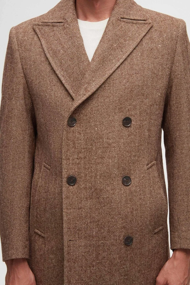 D'S DAMAT Regular Fit Brown Herringbone Double Breasted Coat