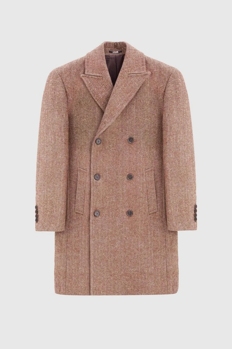 D'S DAMAT Regular Fit Brown Herringbone Double Breasted Coat