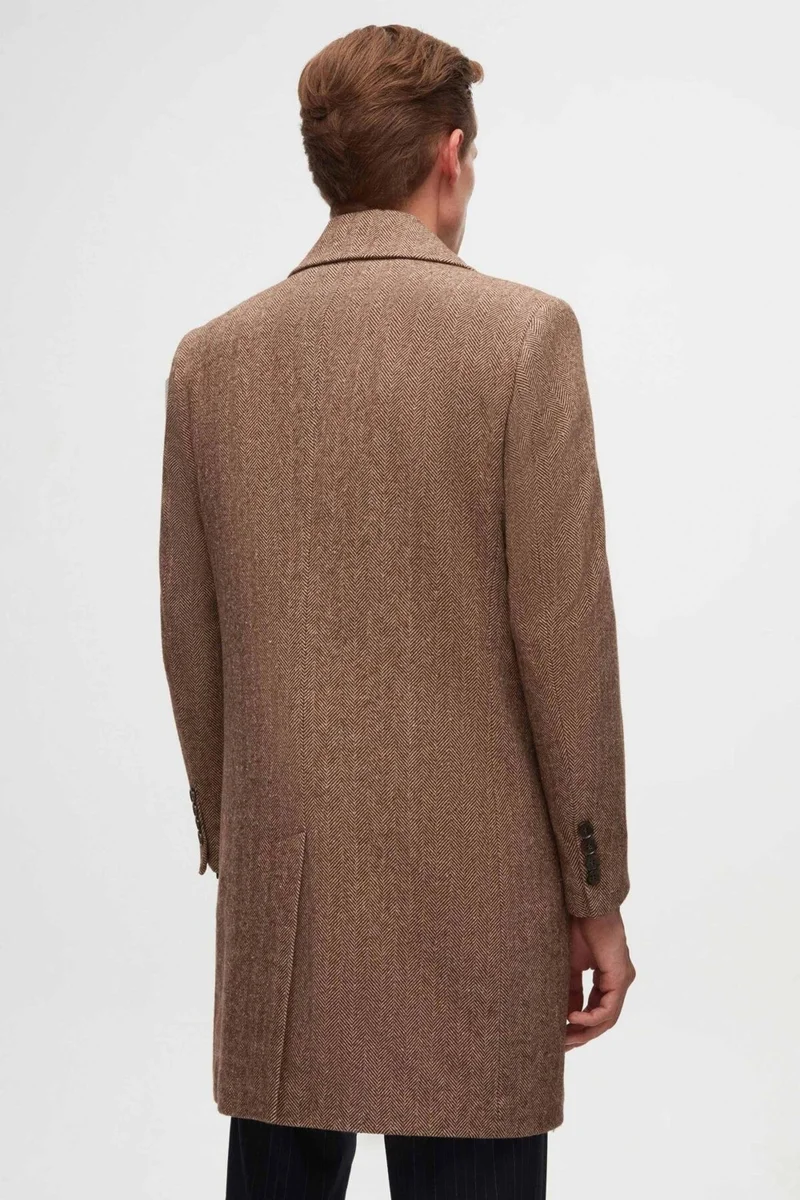 D'S DAMAT Regular Fit Brown Herringbone Double Breasted Coat