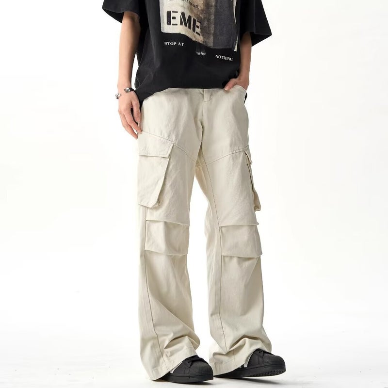 American High Street Style Retro Side Pocket Pleated Loose and Versatile Casual Floor-Length Couple Trousers Wide-Leg Work Pants cream white