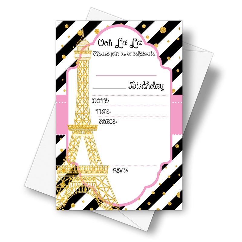 DETIHO 4 x 6 Paris Theme Birthday Party Invitation Cards With Envelopes Fill In Style Party Invitation 20 Sets E21