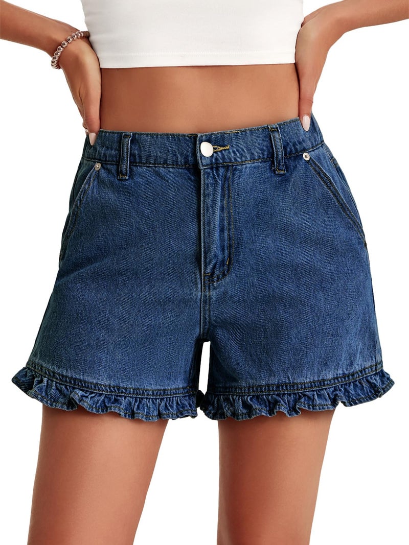 Aoysky Womens Summer Ruffle Denim Shorts Cute High Waisted Cotton Short Jeans with Pockets - Image 1