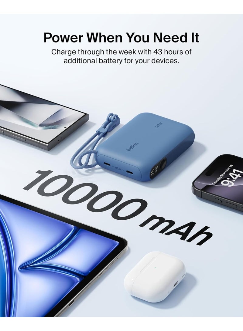 belkin Portable Charger, Slim USB-C Power Bank 10,000mAh with 2 USB-C Ports, Digital Battery Display, 20W Charging for iPhone 16, 15, Plus, Pro, Pro Max, Samsung Galaxy S25, S24, Pixel 9, iPad, & More Blue - Image 4