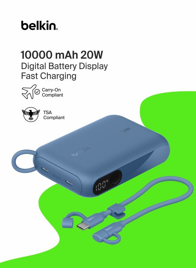 belkin Portable Charger, Slim USB-C Power Bank 10,000mAh with 2 USB-C Ports, Digital Battery Display, 20W Charging for iPhone 16, 15, Plus, Pro, Pro Max, Samsung Galaxy S25, S24, Pixel 9, iPad, & More Blue - Image 1