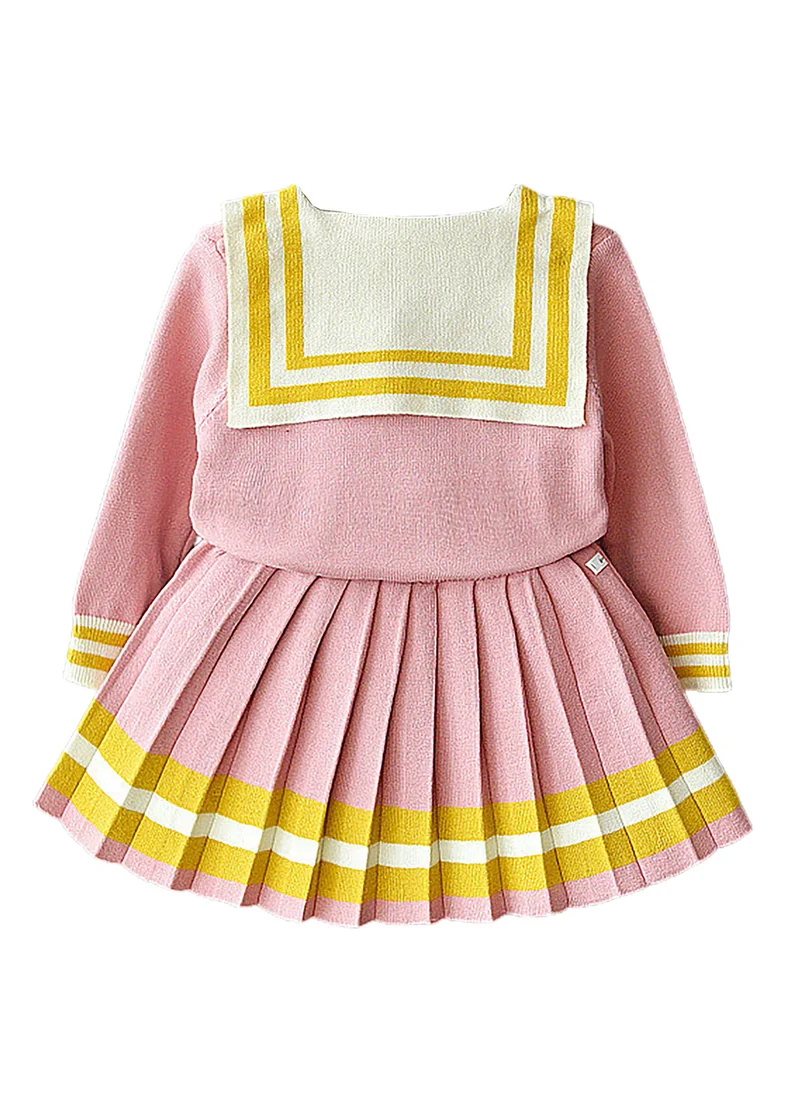 LITTLE SURPRISE BOX Pink & Occur Pleated Bow 2 pcs top & Skirt Winterwear set for Girls-3-4Y