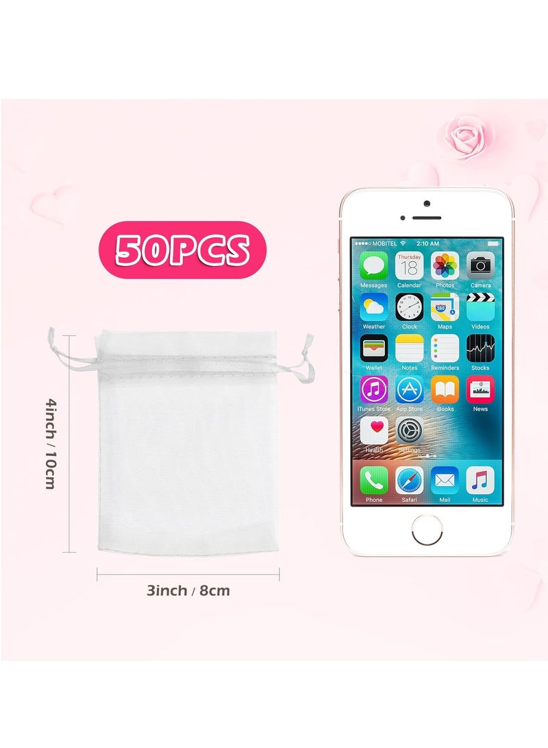 50PCS Premium Sheer Organza Bags, White Wedding Favor Bags with Drawstring, 7*9 CM Jewelry Gift Bags for Party, Jewelry, Festival, Makeup Bags, Net Gift bags, Good Bags - Image 2