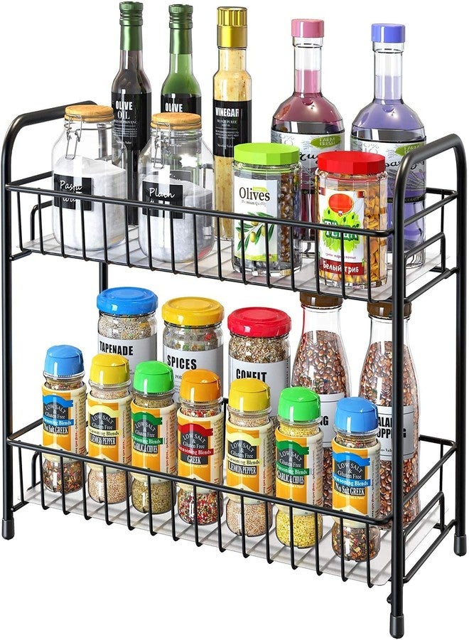 VISHVA 2 Tier Spice Rack Organizer for Counter top Metal Spice Organizer Standing Rack Shelf Storage Holder with Shelf Liner for Kitchen Cabinet * - Image 1