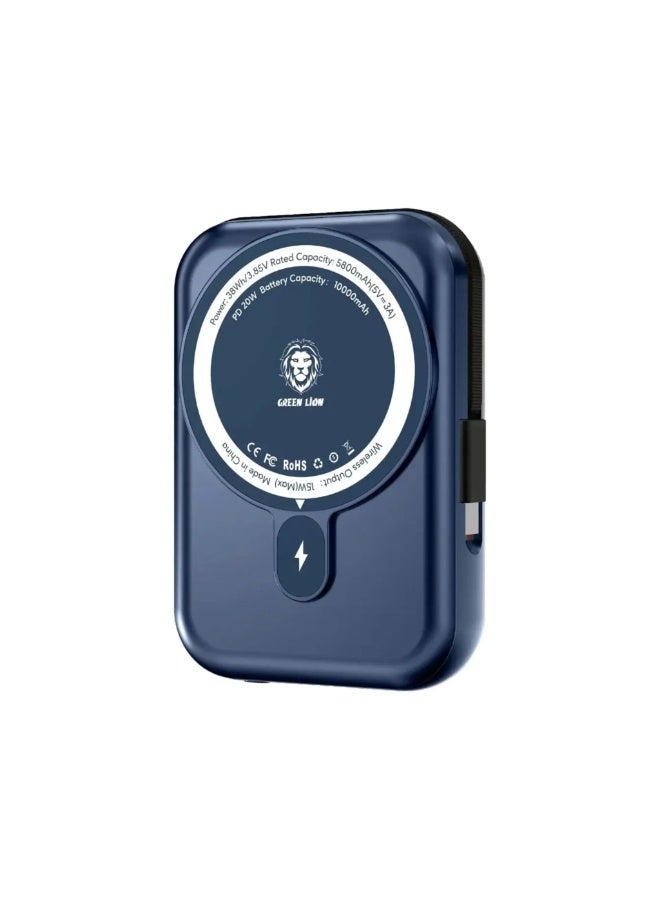 GREEN LION Monaco MagSafe Power Bank 10000mAh – 15W Wireless Charging, PD 20W Fast Charge, Built-in Type-C Cable, LCD Battery Display, QC 3.0 22.5W Output, Slim ABS+PC Design, Portable Magnetic Power Bank - Blue Titanium - Image 1