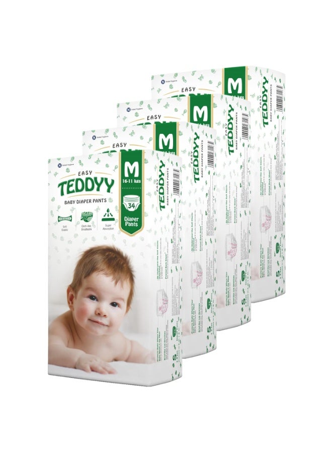 TEDDYY Easy Baby M Size Diaper Pant Style | 34 Count (Medium) | 7–12 kg (Pack of 4) | Long Protection Hours | Anti-Bacterial | Airy Breathable Fit | Rapid Soaker Channels with Wetness Indicator - Image 1