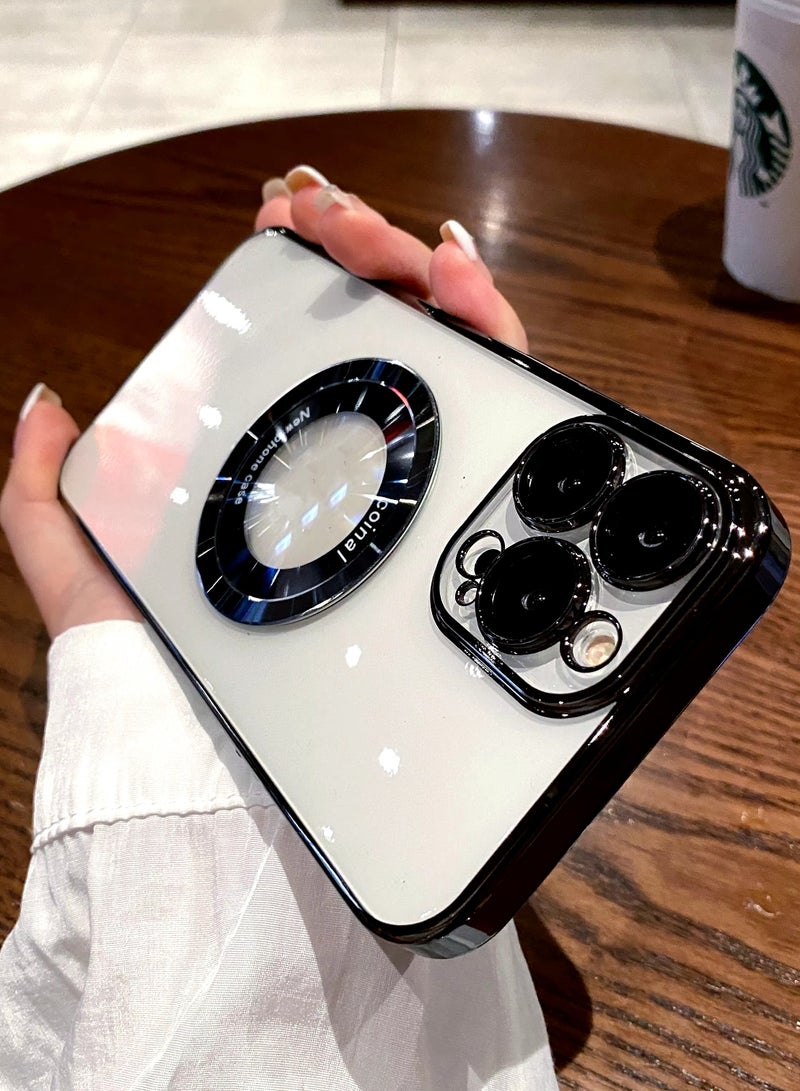 iPhone 16 Pro Case Magnetic Electroplated Transparent with Camera Lens Black Hard PC Material with Lens Film Protection - Image 1