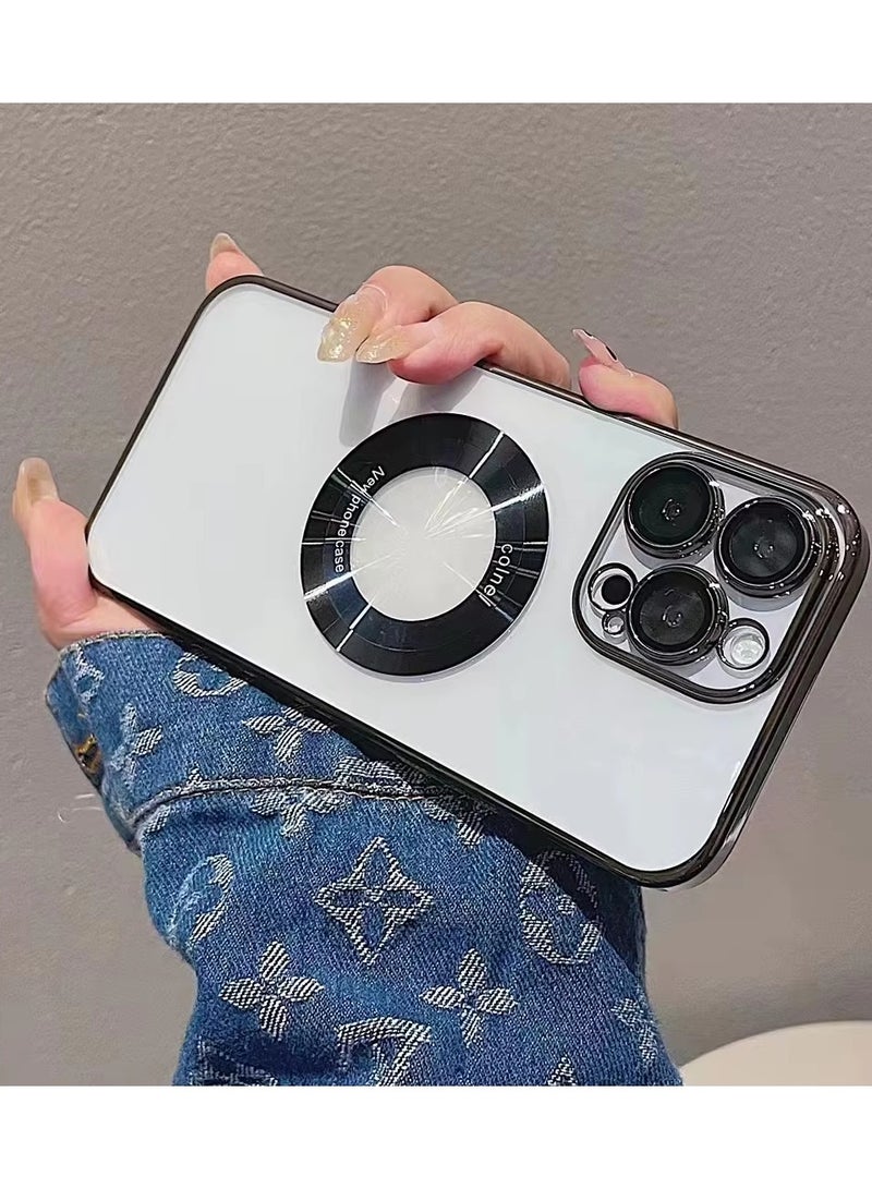 iPhone 16 Pro Case Magnetic Electroplated Transparent with Camera Lens Black Hard PC Material with Lens Film Protection - Image 3