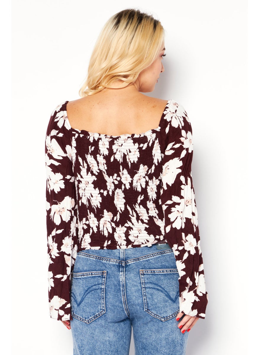 Sage The Label - Women Square Neck Long Sleeves Allover Printed Blouse, Burgundy - Image 1