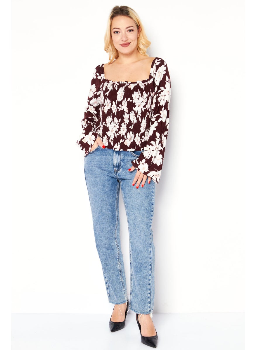 Sage The Label - Women Square Neck Long Sleeves Allover Printed Blouse, Burgundy - Image 1