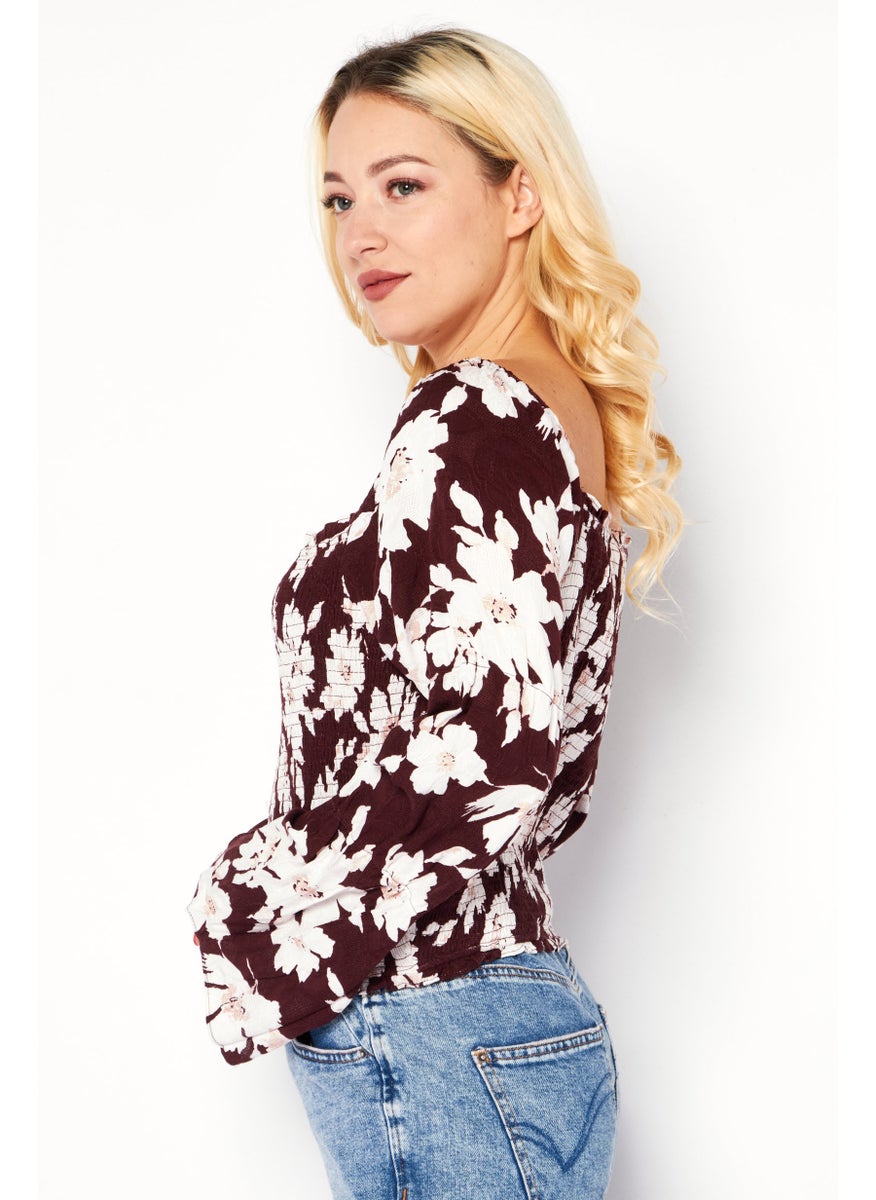 Sage The Label - Women Square Neck Long Sleeves Allover Printed Blouse, Burgundy - Image 1
