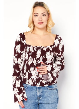 Women Square Neck Long Sleeves Allover Printed Blouse, Burgundy