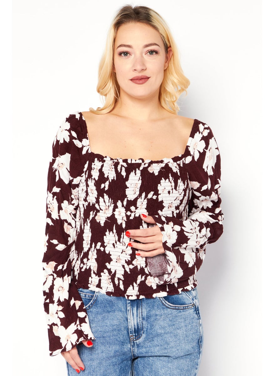 Sage The Label - Women Square Neck Long Sleeves Allover Printed Blouse, Burgundy - Image 1